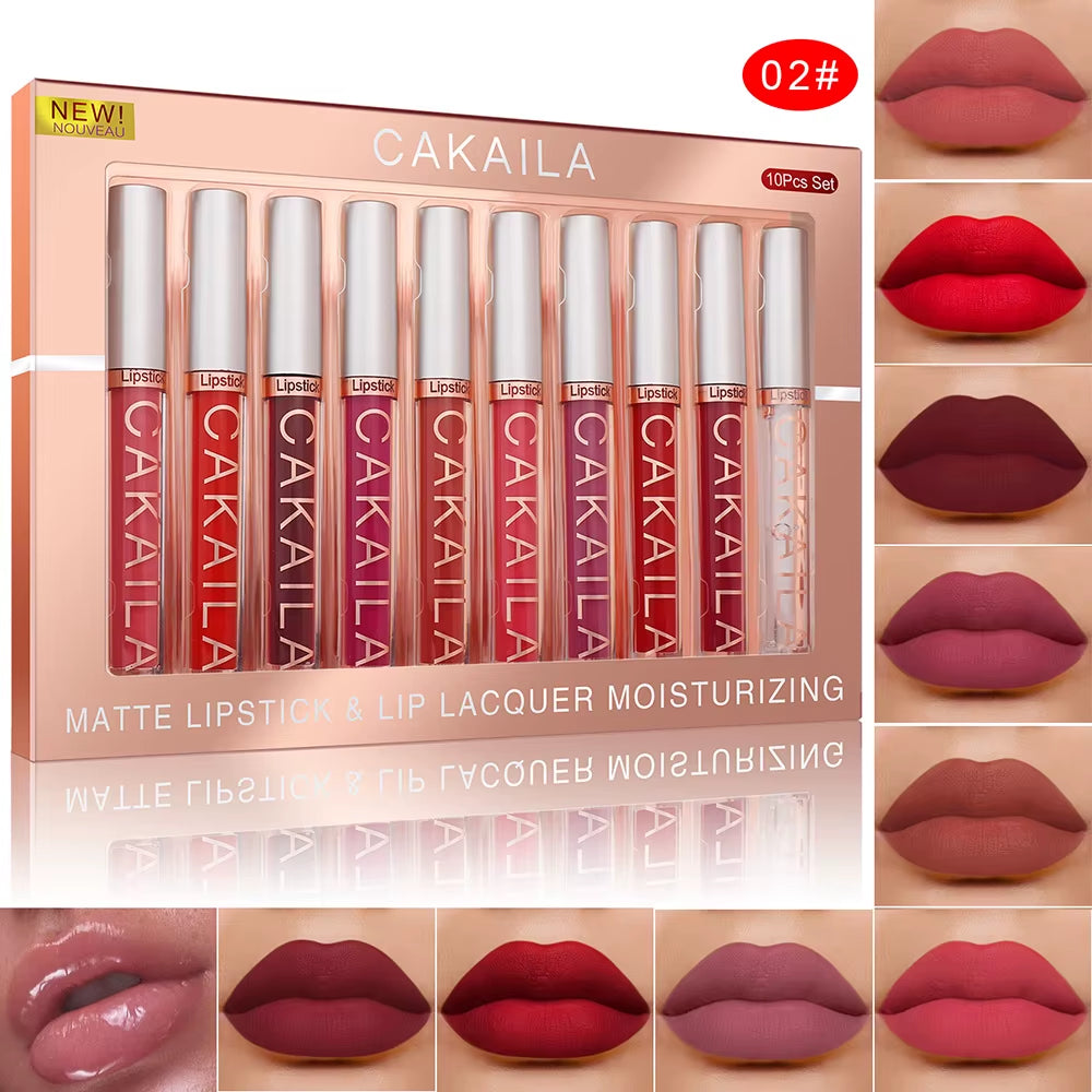10Pcs/Set Nude Lip Gloss Matte Velvet Lipstick Waterproof Long-Lasting Liquid Lipstick Women Moist Lip Tint